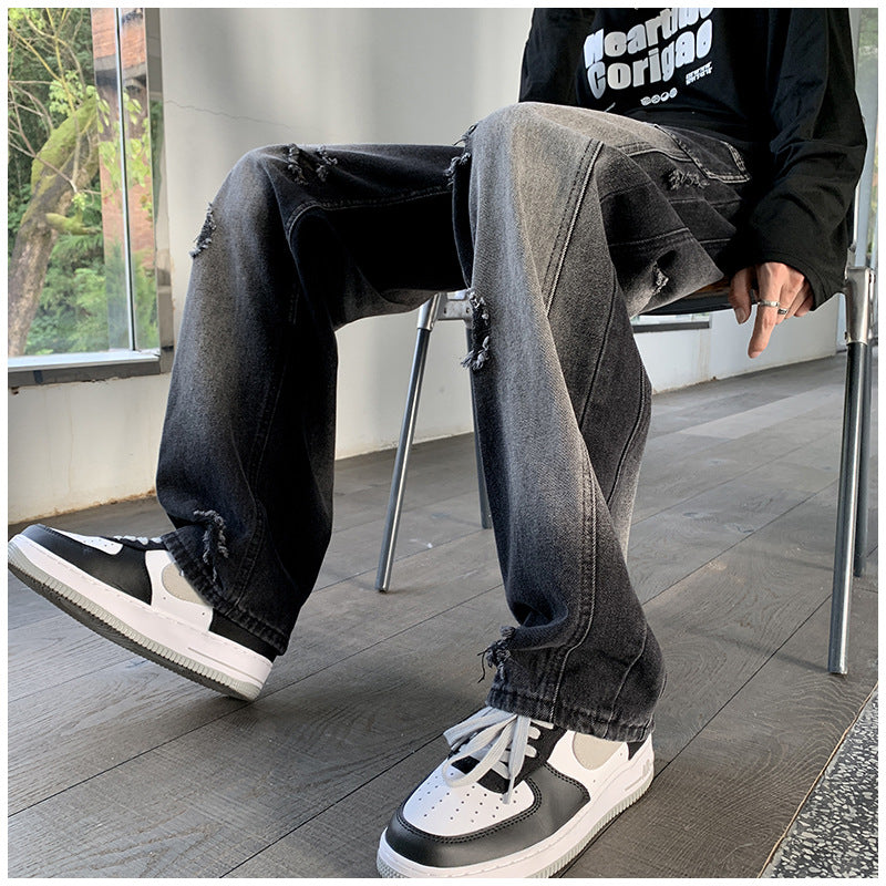 Men Jeans Ripped Jeans Men's Autumn Retro Loose Straight Trousers