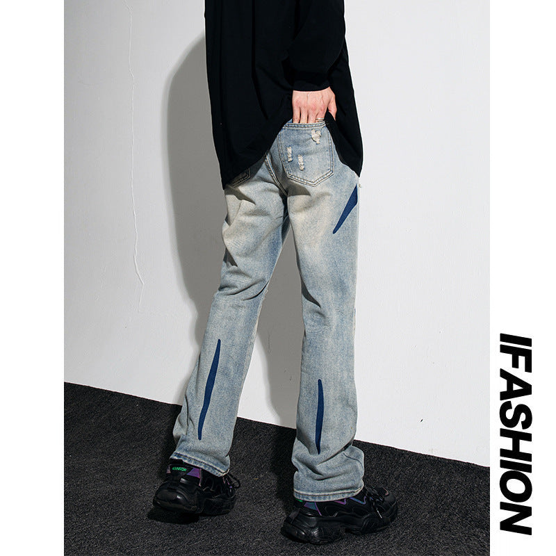 Men Jeans Retro Washed Distressed Loose Straight Hiphop Wide Leg Trousers