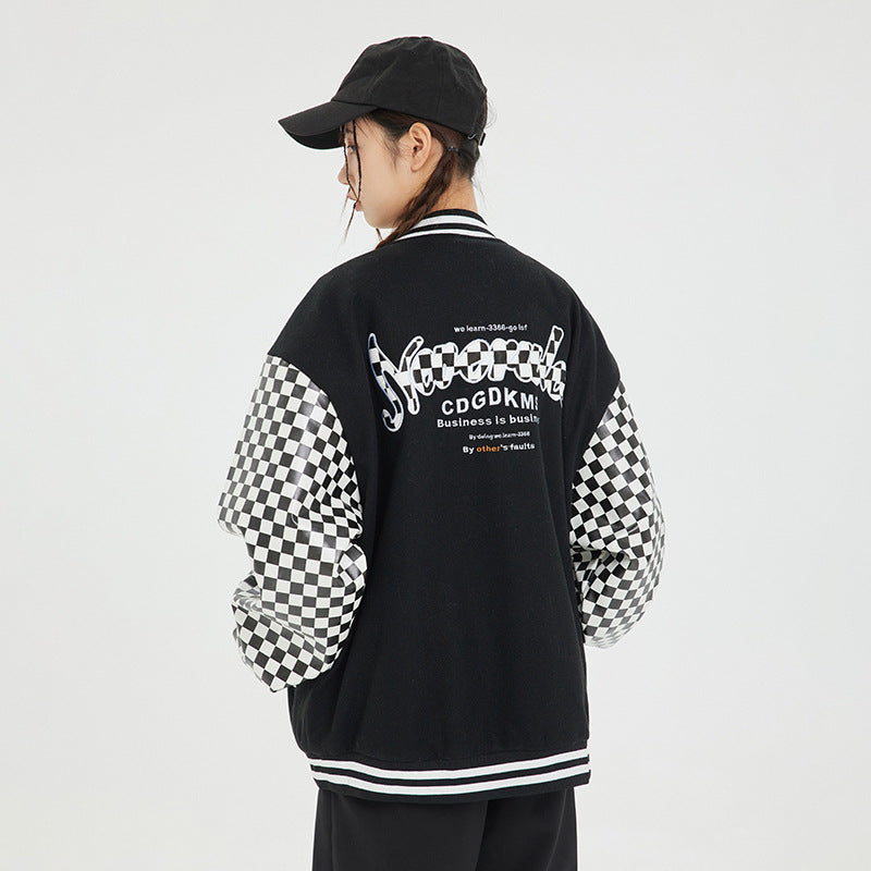 Unisex Jacket Checkerboard PU Leather Baseball Uniform Embroidered Baseball Jacket Jacket