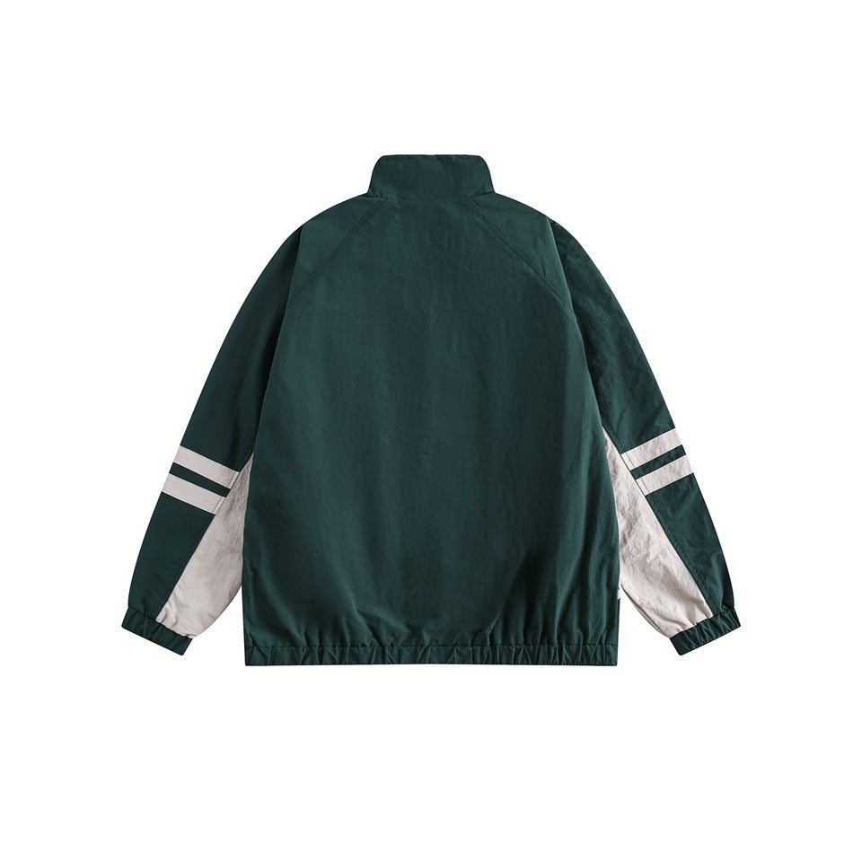 Unisex Jacket Retro Patchwork Contrast Color Stand-up Collar Jacket Men Spring and Autumn Coat