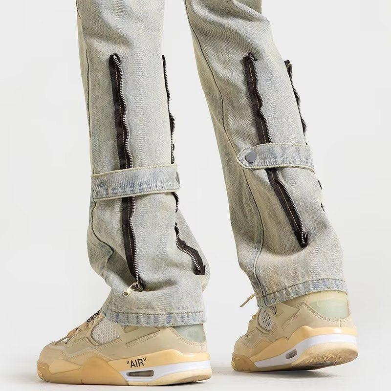 Men Jeans Spring Straight Casual Trousers Vintage Zipper Bootcut Trousers
