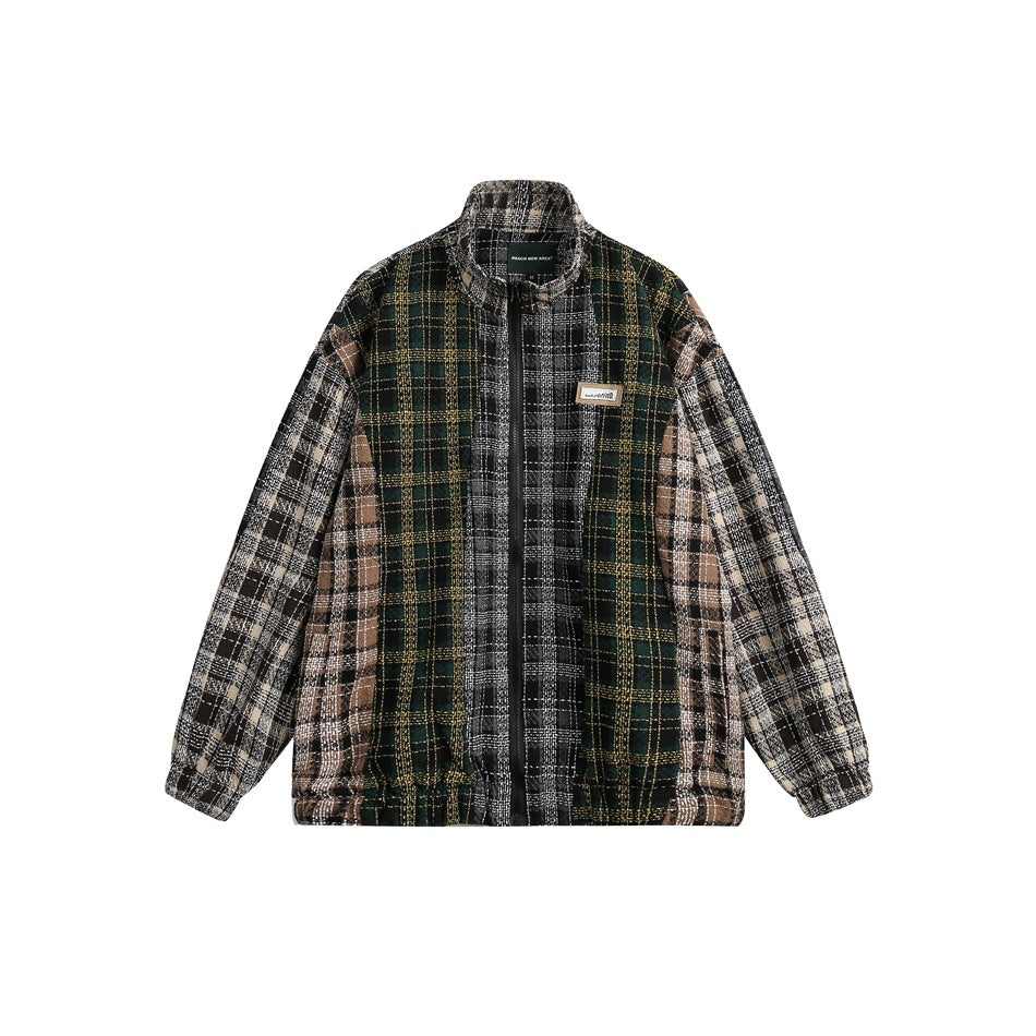 Unisex Jacket Vintage Stand Collar Jacket Loose Plaid Coat