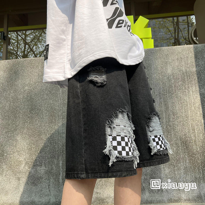 Men Jeans Ripped Checkerboard Plaid Denim Shorts