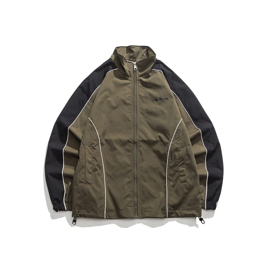 Unisex Jacket Vintage V Contrast Color Stand-up Collar Sports Jacket Men's and Women's Coats