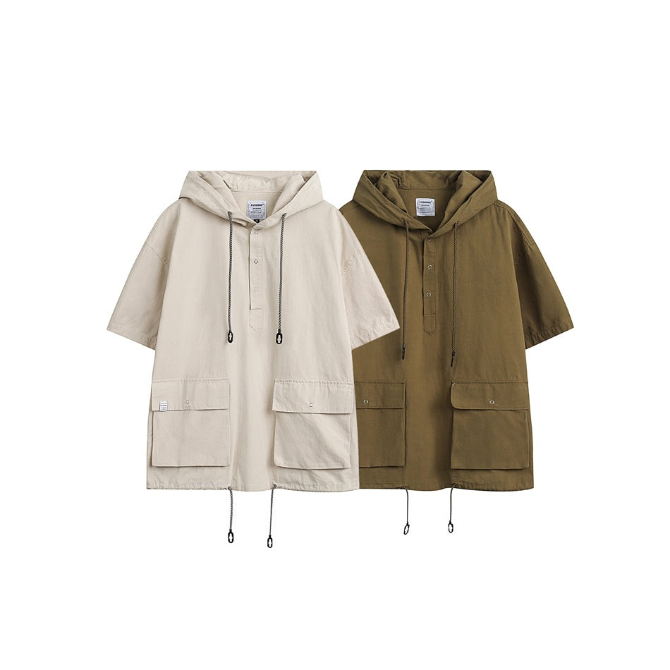Unisex Jacket Summer Workwear with Pocket Jacket Loose Short Sleeve Hooded Jacket