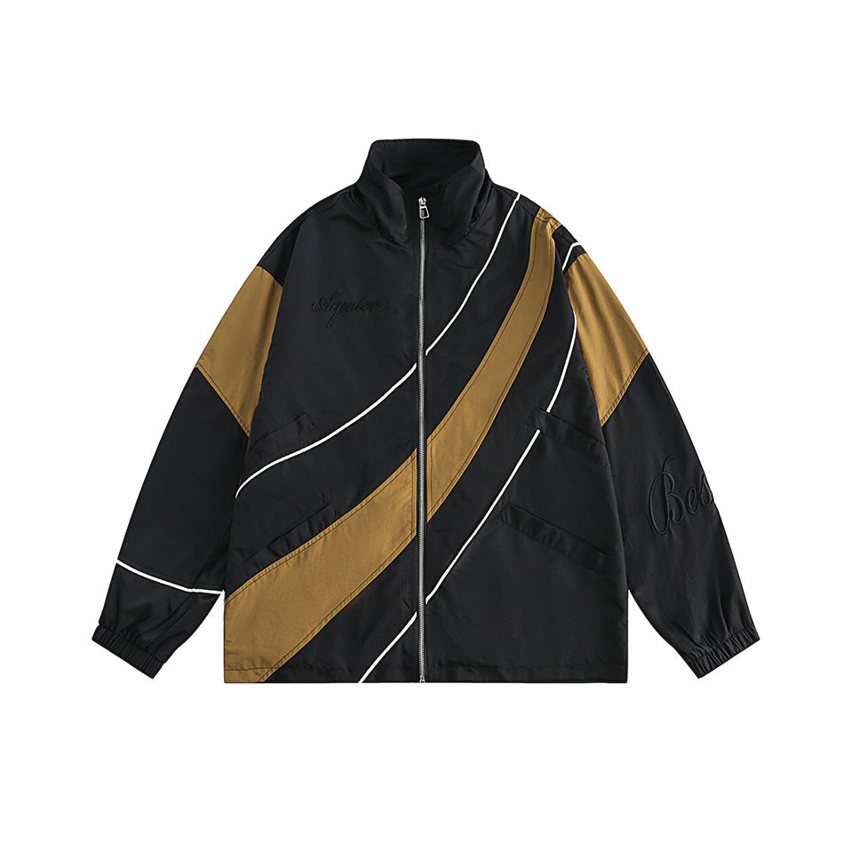 Unisex Jacket Spring and Autumn Retro Patchwork Contrast Color Stand-up Collar Coat