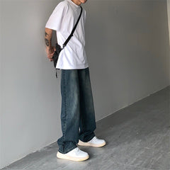 Men Jeans Retro Wide-Leg Pants Casual Straight-Leg Washed Jeans
