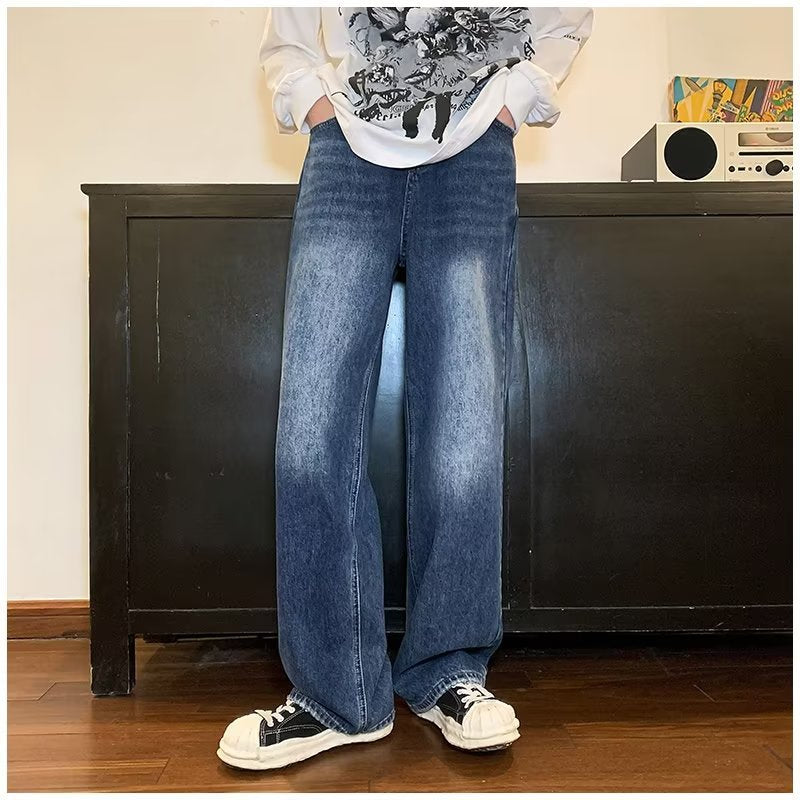 Men Jeans Straight Jeans Spring Retro Washed Loose Casual Trousers