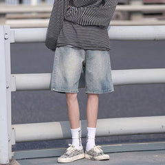 Men Jeans Retro Denim Shorts Men's Summer Washed Middle Pants Straight Wide Pants