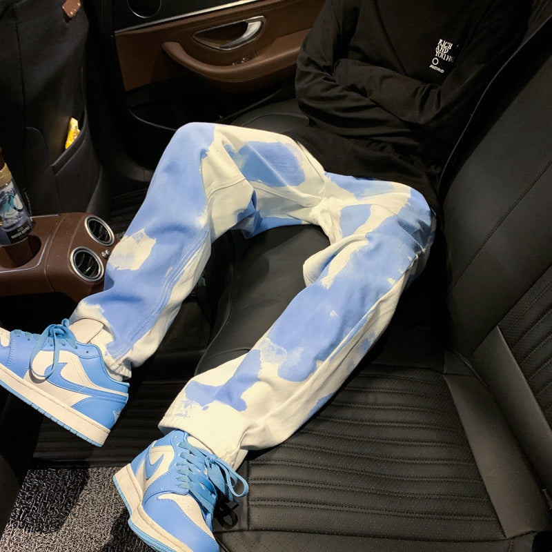 Men Jeans Tie-Dyed Jeans Summer Loose Thin Straight Wide Leg Pants