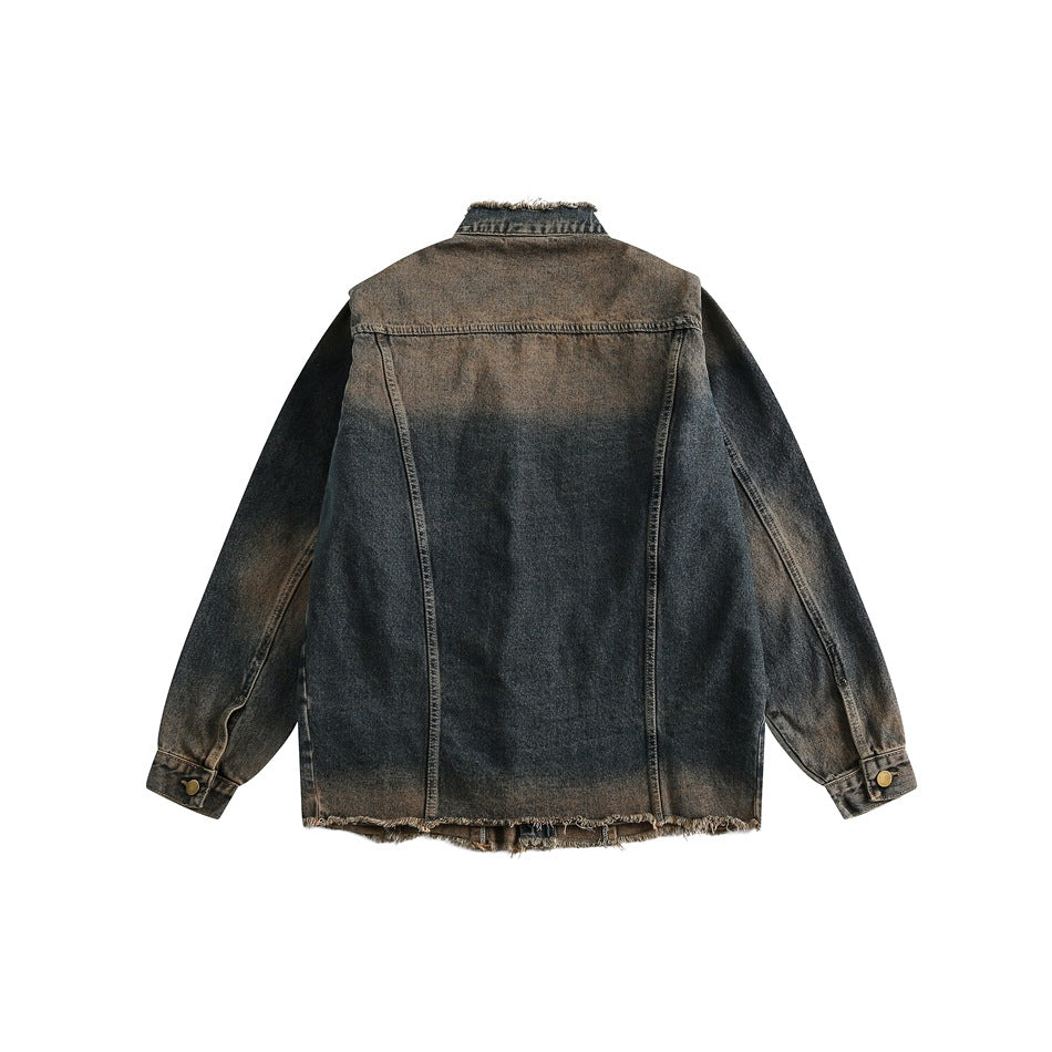 Unisex Jacket Denim Men's and Women's Washed Distressed Retro Workwear Stand Collar Jacket