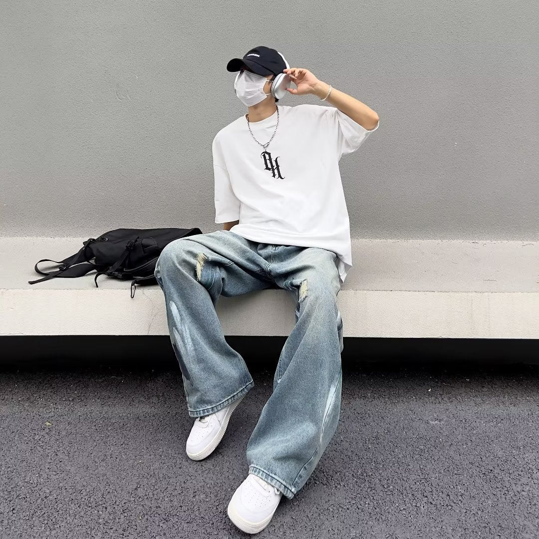 Men Jeans Water Washed Hole Jeans Men's Summer Loose Wide-Leg Straight Pants