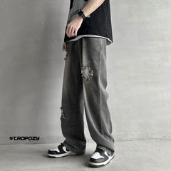 Men Jeans Summer Retro Tattered Jeans Straight Loose Casual Pants