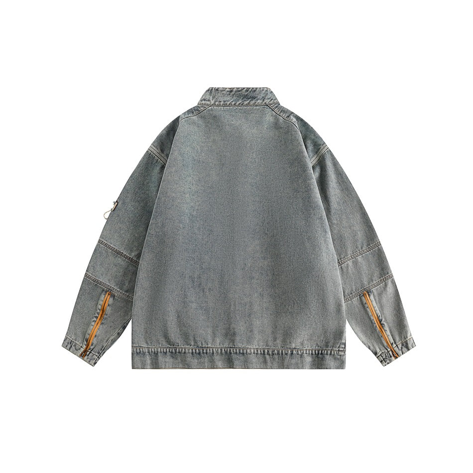 Unisex Jacket Casual Retro Locomotive Style Stand Collar Denim Jacket
