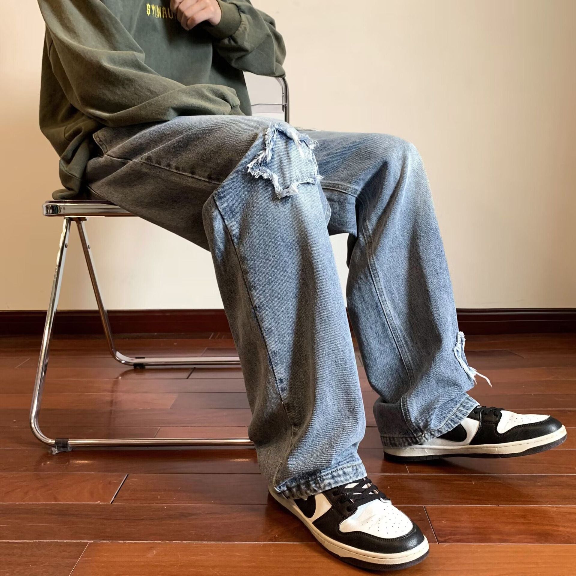 Men Jeans Vintage Patch Straight-Leg Pants Spring Baggy Pants
