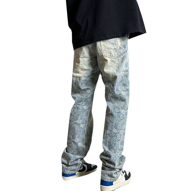 Men Jeans Ripped Jeans Men's Washed Vintage Paisley Straight Casual Pants
