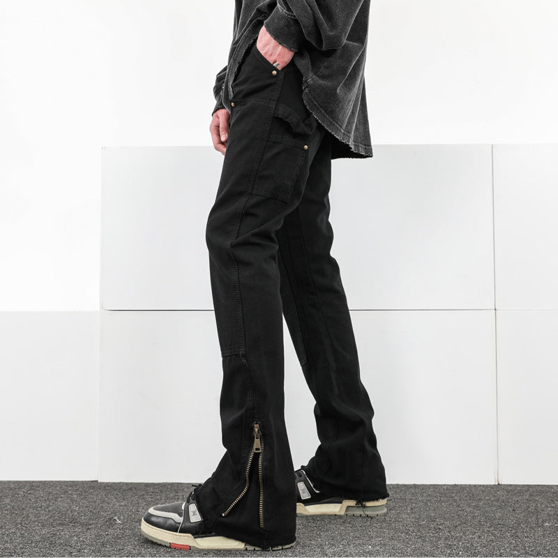 Men Jeans Casual Pants Zipper Cargo Pants Straight Bootleg Pants