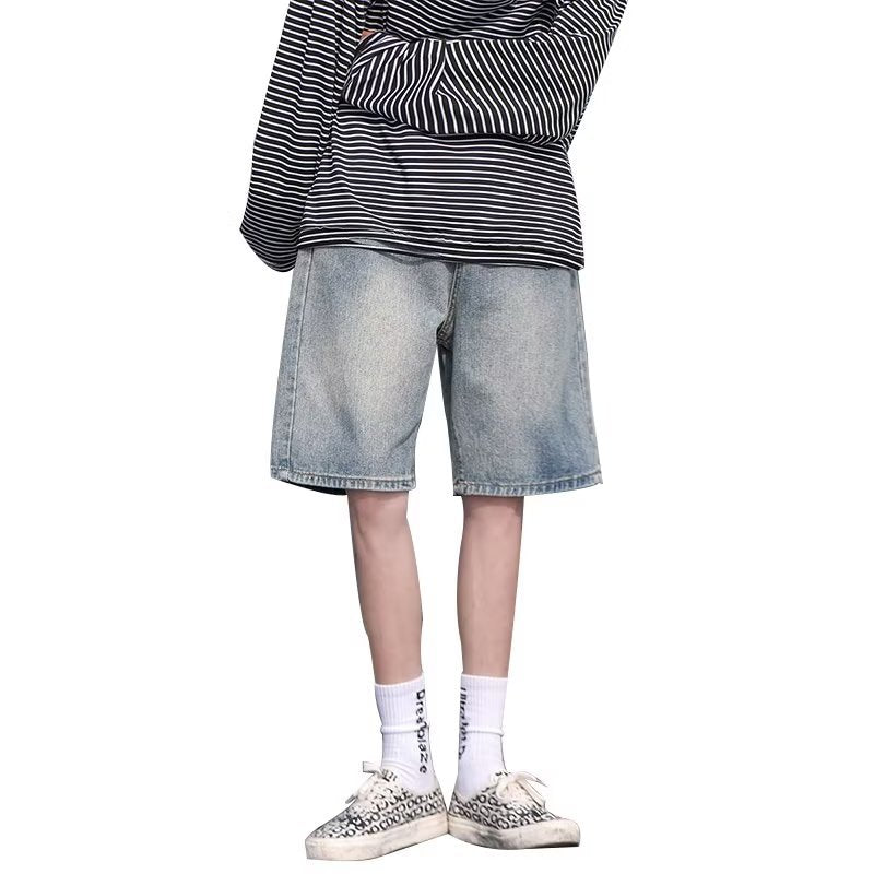 Men Jeans Retro Denim Shorts Men's Summer Washed Middle Pants Straight Wide Pants