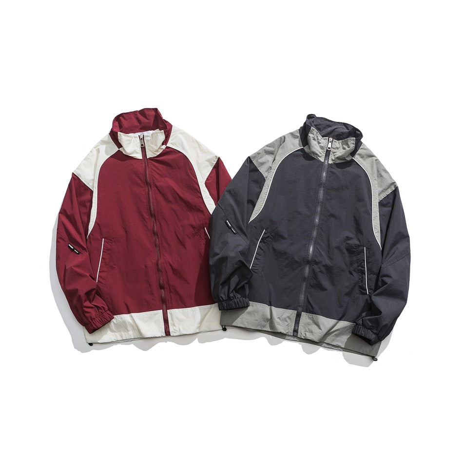 Unisex Jacket Retro Patchwork Contrast Color Sports Jacket Men and Women Same Style Loose Lapel Spring and Autumn Coat