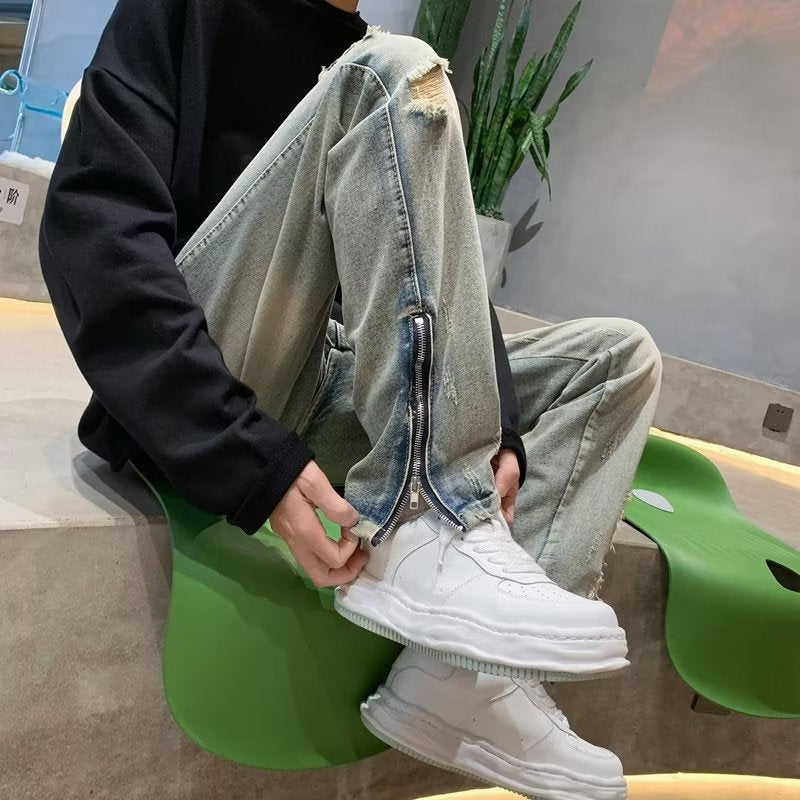 Men Jeans Spring/Summer Loose Split Retro Pants