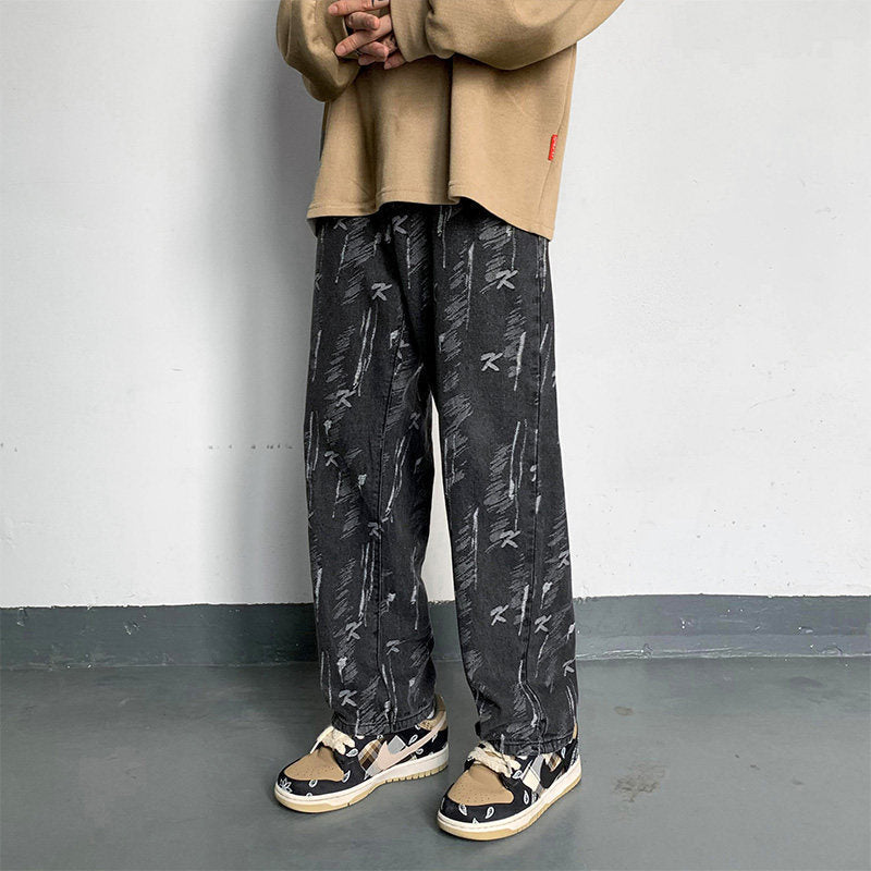 Men Jeans Autumn Leisure Straight-Leg Pants Retro Trousers