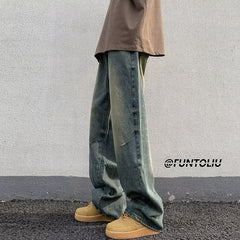 Men Jeans Washed Worn Jeans Loose Wide-Leg Straight Pants