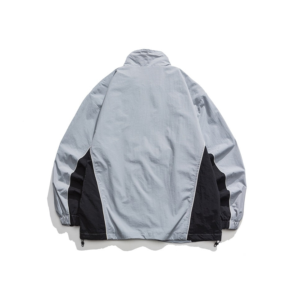 Unisex Jacket Retro Patchwork Contrast Color Stand-up Collar Sports Jacket Spring and Autumn Coat