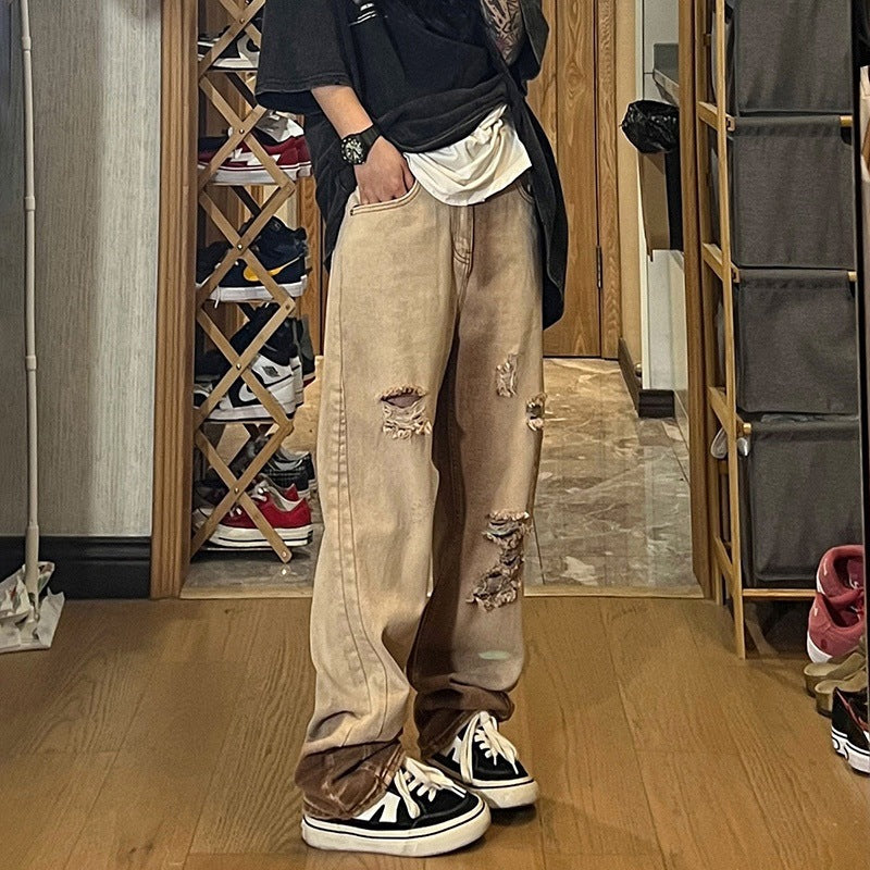 Men Jeans Ripped Jeans Men's Summer Worn Looking Washed-out Retro Straight-Leg Wide-Leg Pants