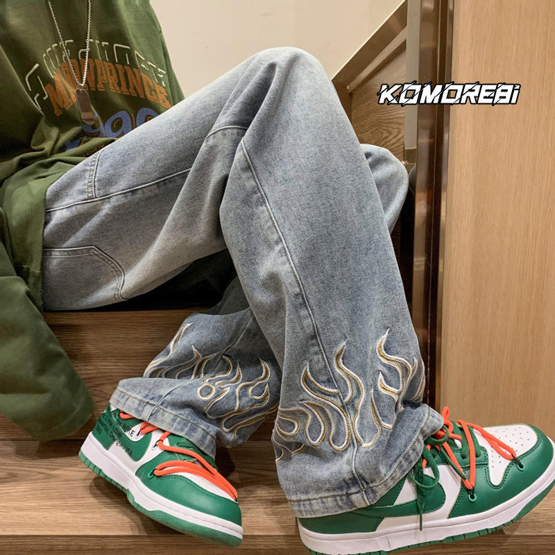Men Jeans Men's Spring and Autumn Retro Distressed Straight Loose Casual Pants
