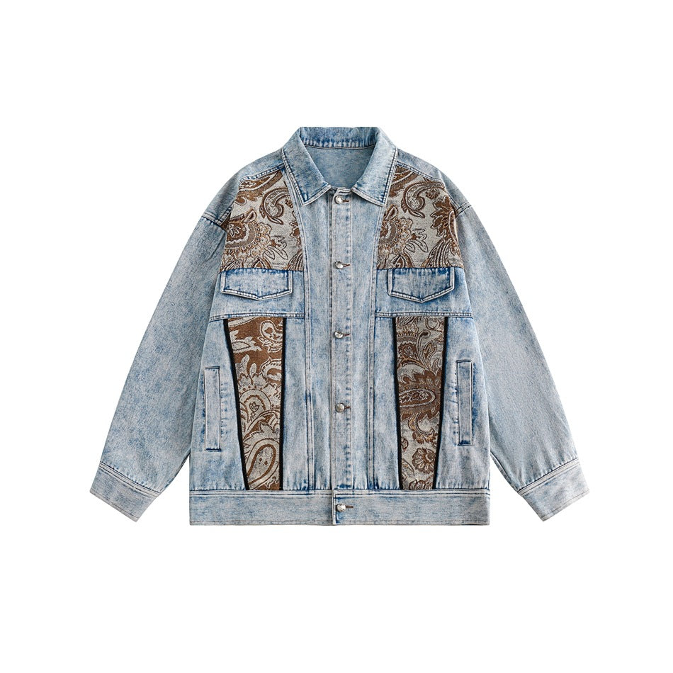 Unisex Jacket Vintage Paisley Stitching Washed Denim Jacket