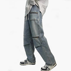 Men Jeans Spring and Autumn Vintage Zipper Loose Straight Wide Leg Straight Casual Trousers