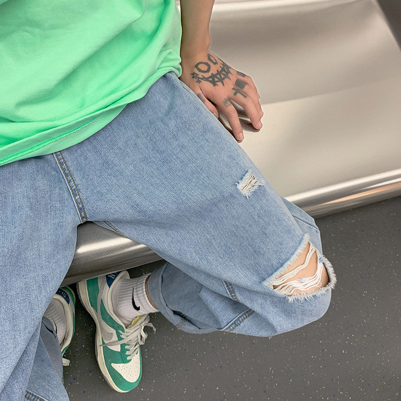 Men Jeans Ripped Jeans Men's Summer Straight Loose Pants