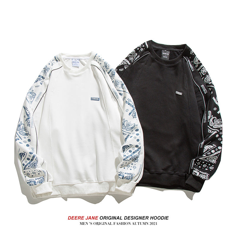 Men Pullover Hoodie Spring Patchwork round Neck Spring and Autumn Japanese Style Loose Top