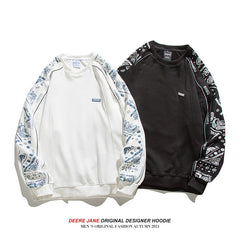 Men Pullover Hoodie Spring Patchwork round Neck Spring and Autumn Japanese Style Loose Top