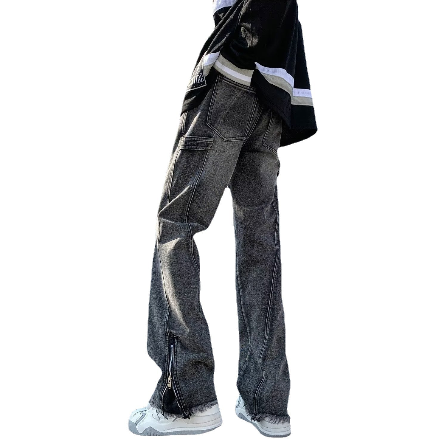 Men Jeans Oversize Zipper Jeans Summer Slim-Fit Micro Flared Pants