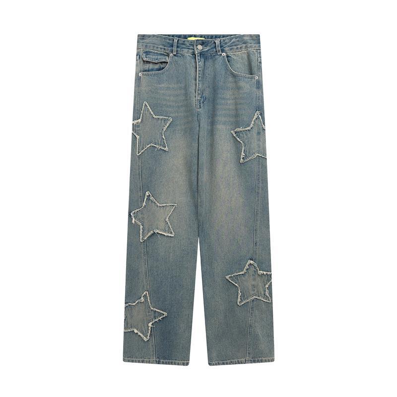 Men Jeans Hip Hop Five-Pointed Star Patch Embroidered Jeans