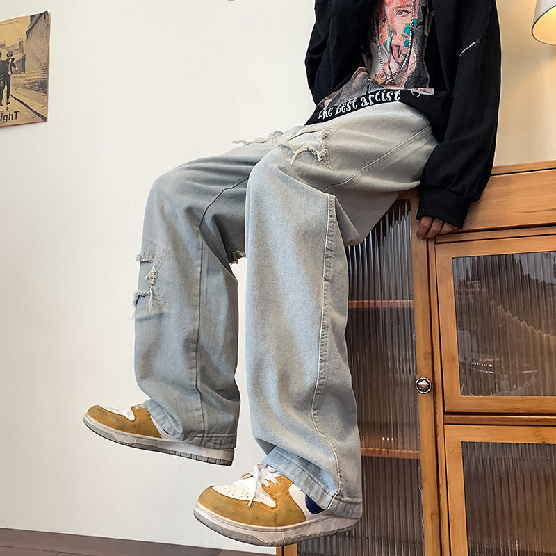 Men Jeans Ripped Washed Jeans Spring and Autumn Loose Straight Wide-Leg Pants