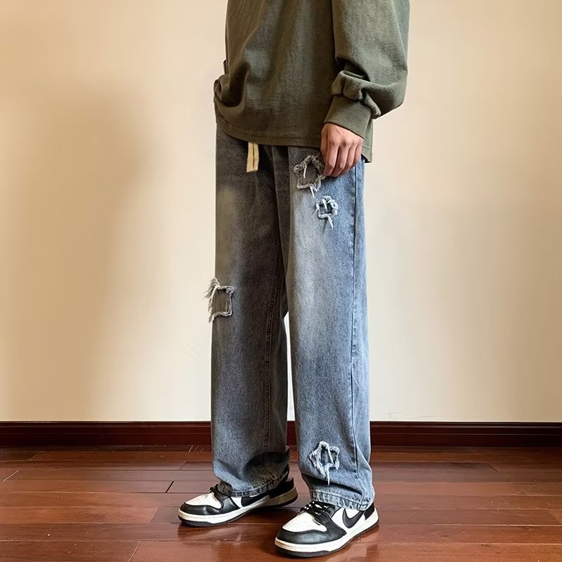 Men Jeans Vintage Patch Straight-Leg Pants Spring Baggy Pants