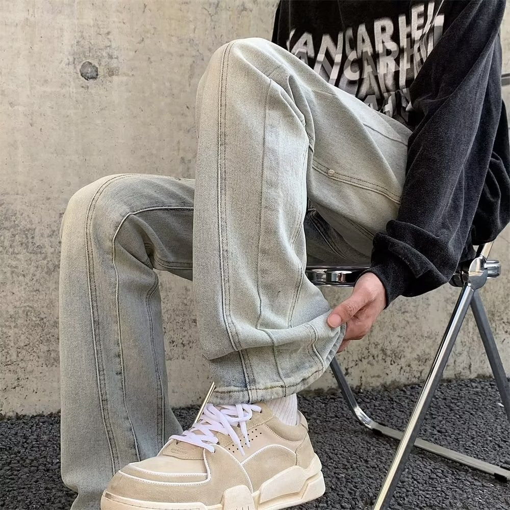 Men Jeans Washed-out Vintage Jeans Men's Slim Fit Skinny Straight Cargo Pants