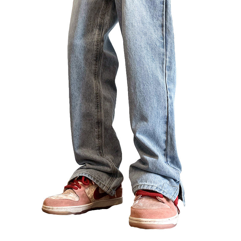 Men Jeans Retro Slit Casual Trousers Baggy Straight Trousers