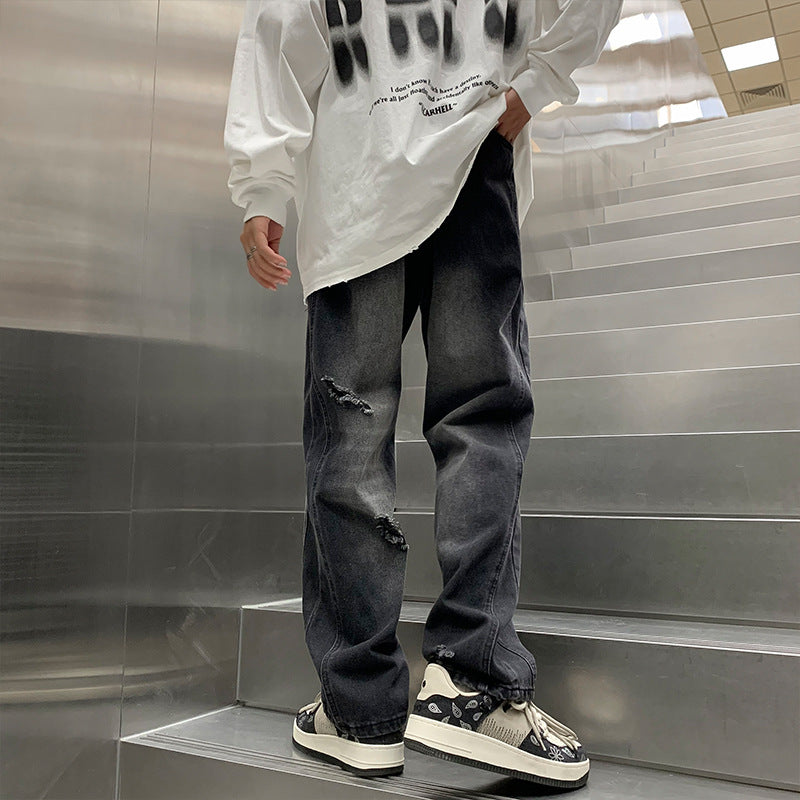 Men Jeans Ripped Jeans Men Autumn Winter Retro Straight Wide Leg Casual Trousers