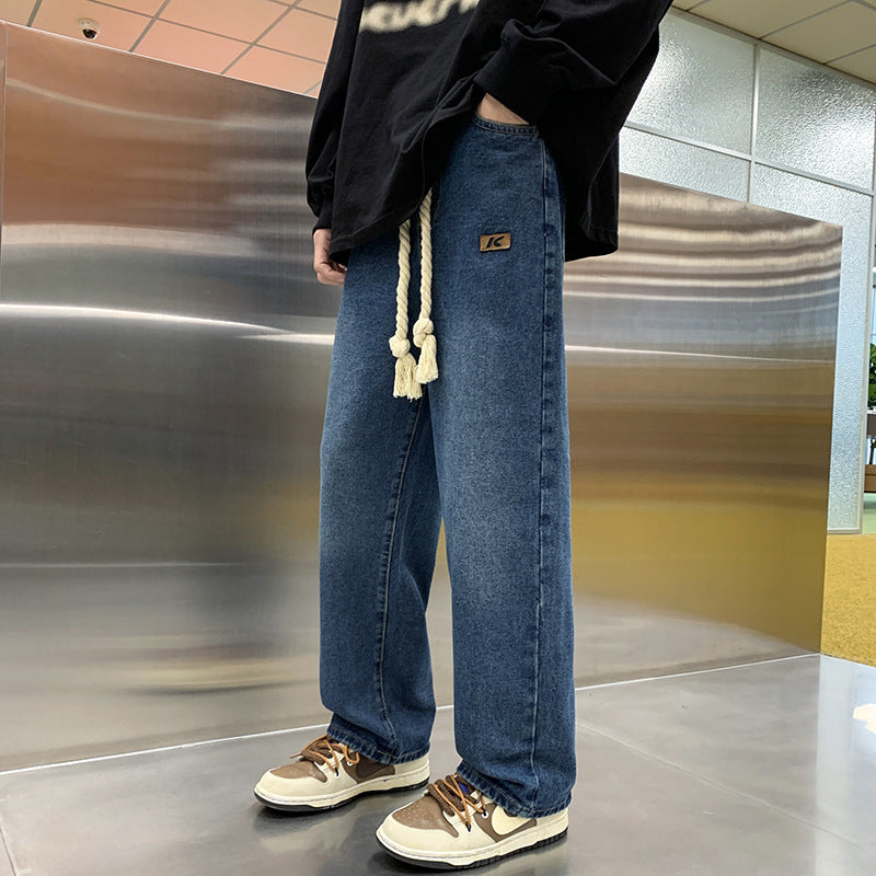 Men Jeans Drawstring Jeans Men Spring Autumn Vintage Straight-Leg Wide-Leg Pants