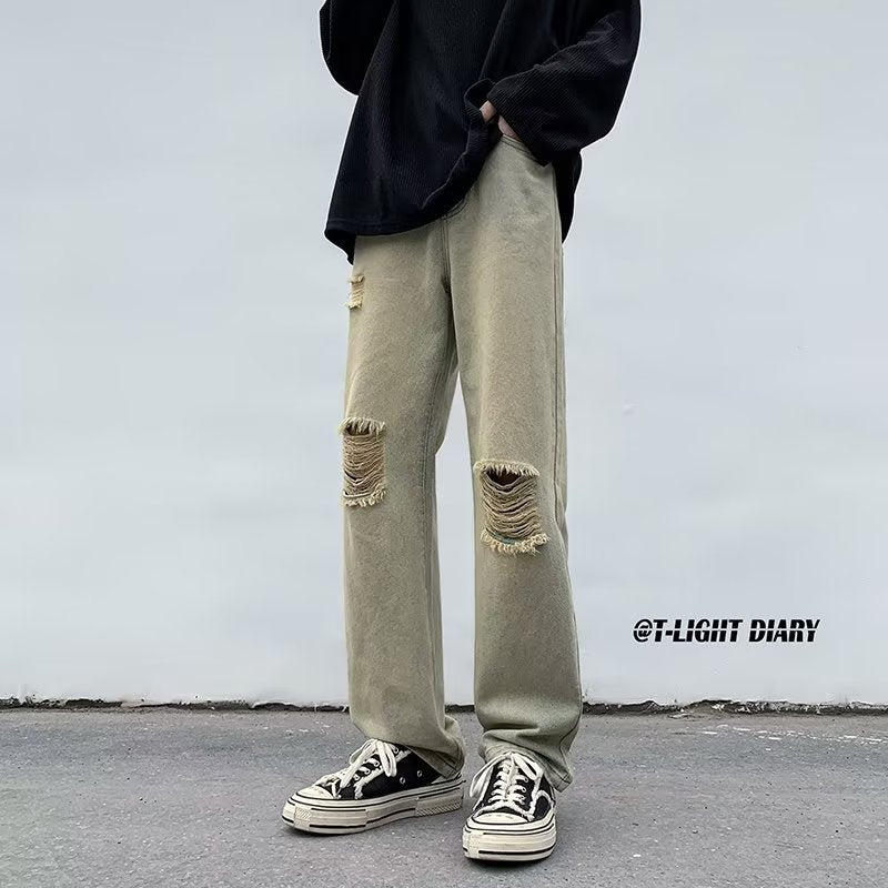 Men Jeans Ripped Jeans Men's Summer Retro Men's Black Trousers Loose Straight