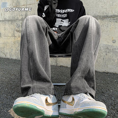 Men Jeans Autumn and Winter Washed Old Loose Straight Cargo Pants