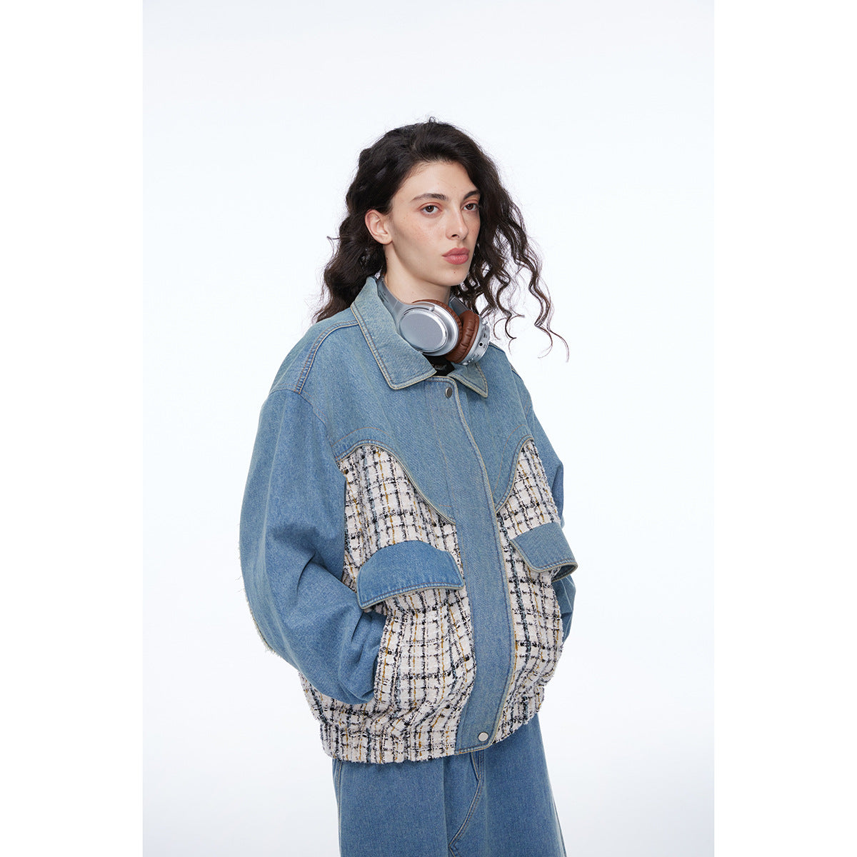 Unisex Jacket Retro Patchwork Plaid Lapel Jacket Baggy Coat