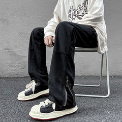Men Jeans Vintage Jeans Black Elastic Loose Straight Casual Trousers