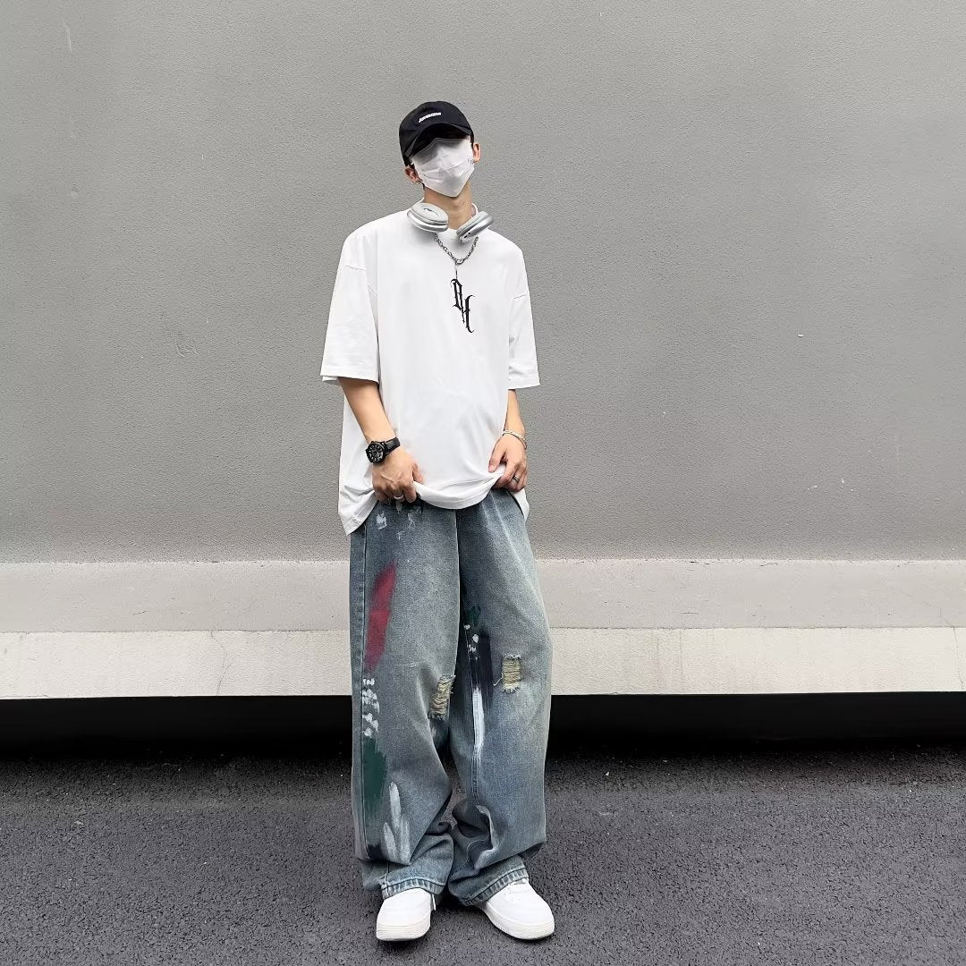 Men Jeans Water Washed Hole Jeans Men's Summer Loose Wide-Leg Straight Pants