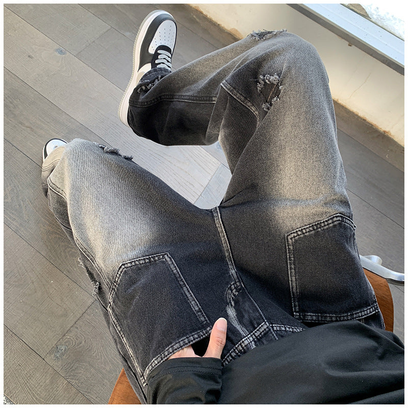 Men Jeans Ripped Jeans Men's Autumn Retro Loose Straight Trousers