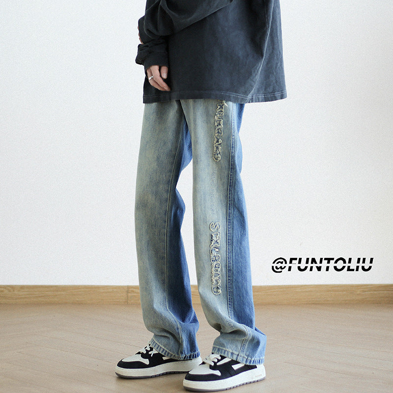 Men Jeans Hiphop Straight-Leg Trousers Retro Loose Wide Leg Pants