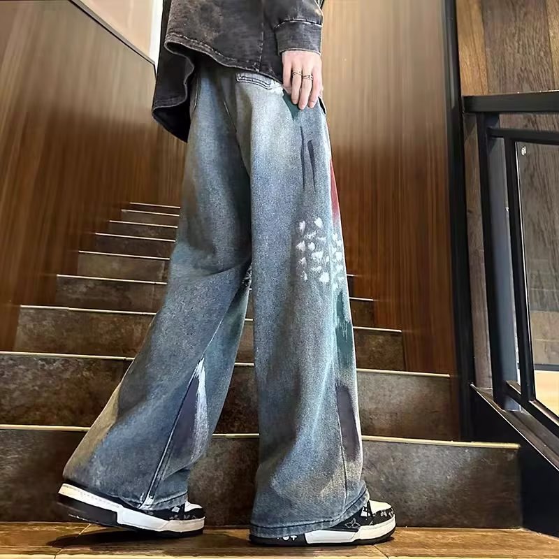 Men Jeans Men's Autumn Washed Distressed Wide-Leg Pants Loose Straight Casual Trousers